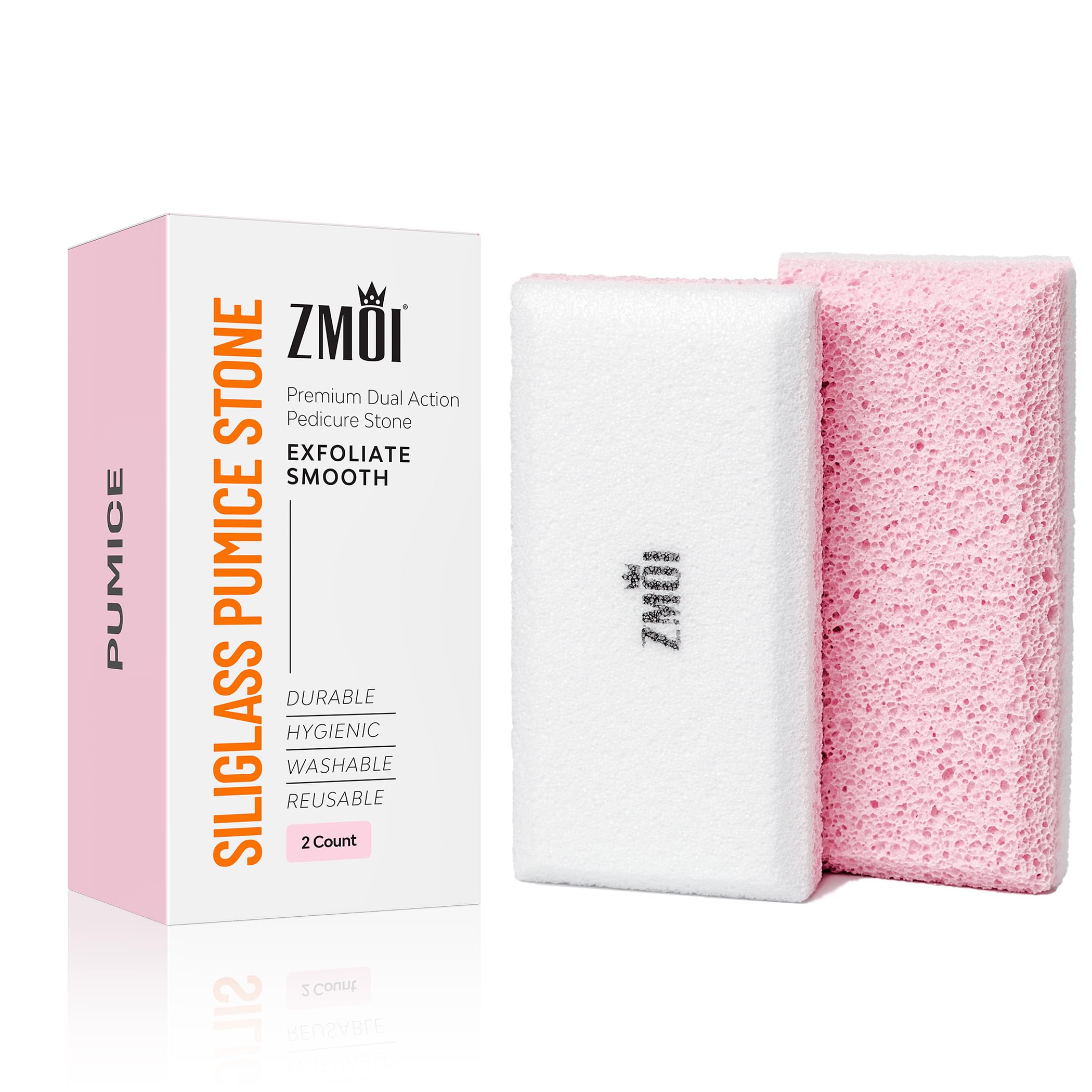 ZMOI 2-in-1 Siliglass Pumice Stone for Feet, Hands, Knees, and Elbows, 2 Count, Dead Skin and Callus Remover, Natural Exfoliator for Rough, Hard, Dry Patches (Pink Color)