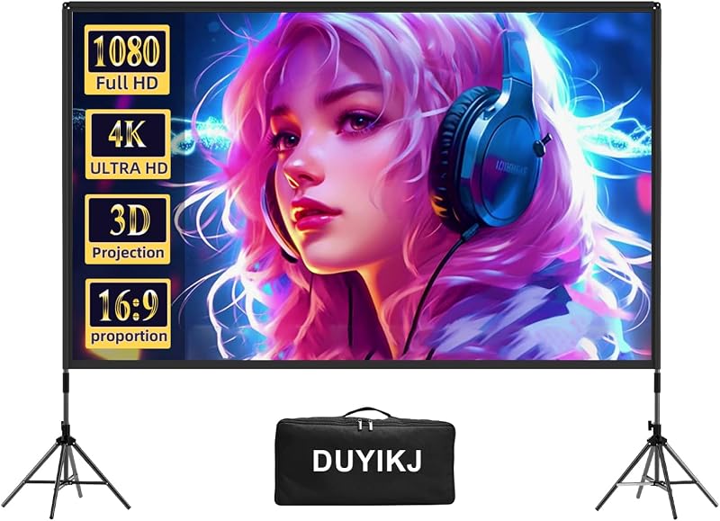 Projector Screen with Stand,DUYIKJ 120 inch Portable Outdoor Indoor Projector Screen Rear Front Projection Screen Lightweight Movie Screen16:9 4K HD with Four-Legged Frame Carry Bag for Home Theater