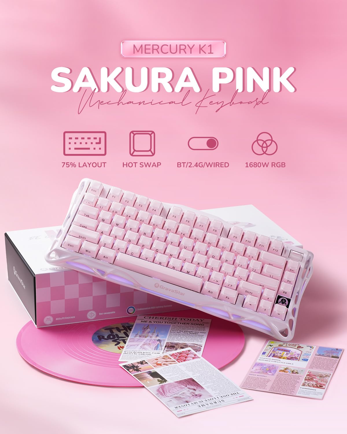 GravaStar Mercury K1 Mechanische Tastatur, 75% Wireless Gaming Tastatur, Hot Swap, Gasket, RGB Tri-Mode, PBT-Tastenkappen, 8000mAh, Aluminiumrahmen, Farbverlauf Rosa