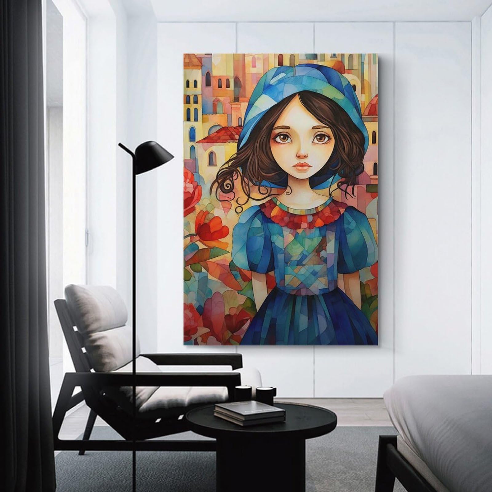 Junmoney Girl in Blue Hood Watercolor Painting Hanging Wall Art, 16x24inch(40x60cm), for New Homes, Bedrooms Or Workspaces, Thoughtful Wall Decor for Art Lovers