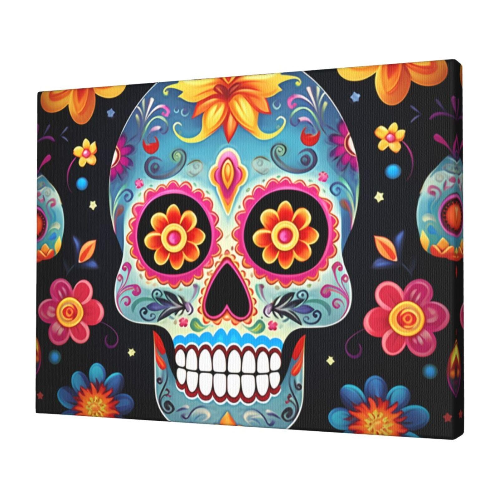 KLOPH Sugar Skulls Canvas Wall Art for Living Room 12"x16" Modern Artwork Painting for Bathroom Hanging Canvas Prints Aesthetic Wallart for Bedroom Kitchen Office Wall Decor