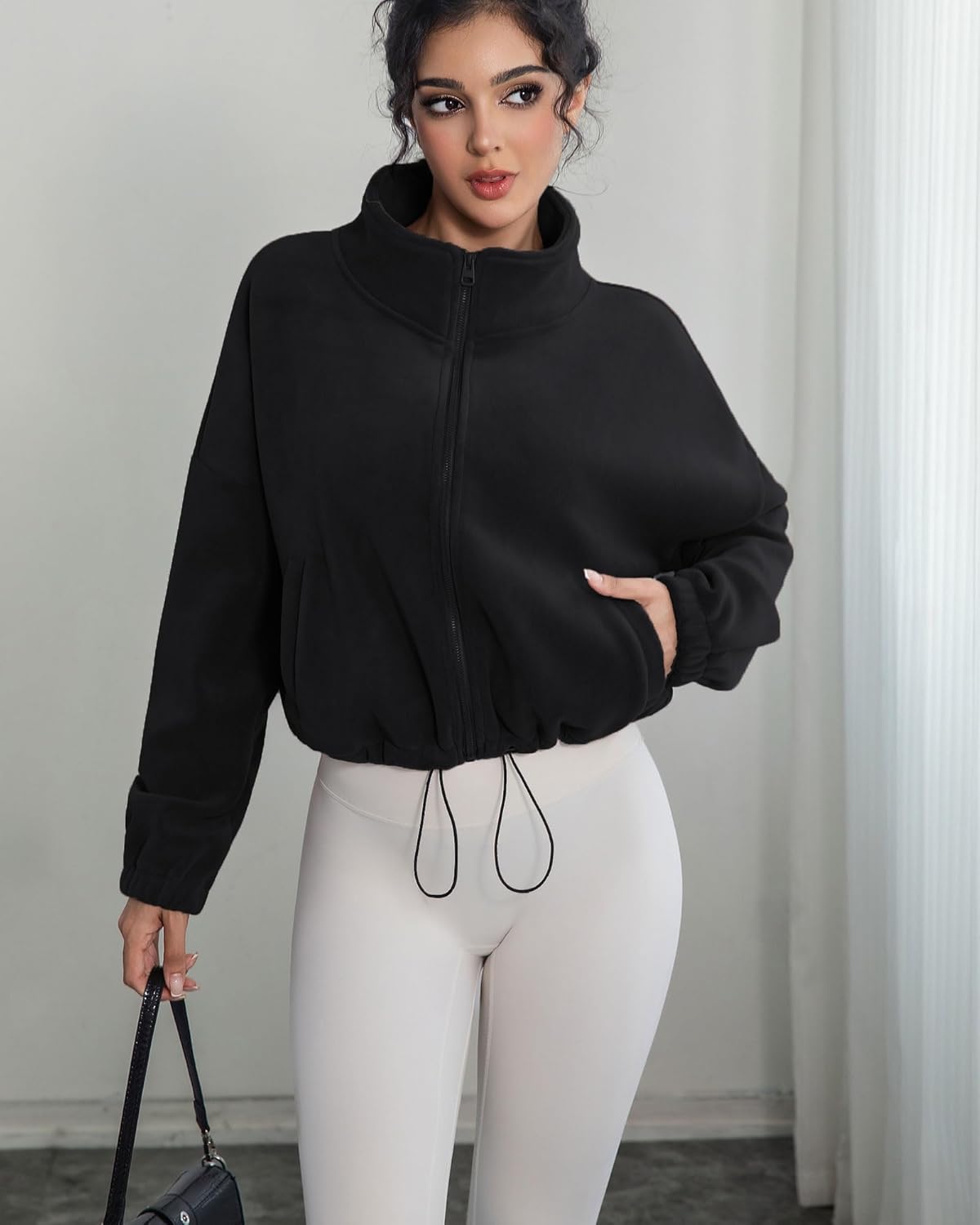 Women's Full Zip Fleece Short Jacket with Pockets Stand Collar Long Sleeve Zip Up Warm Winter Sherpa Cropped Coat - Image 3