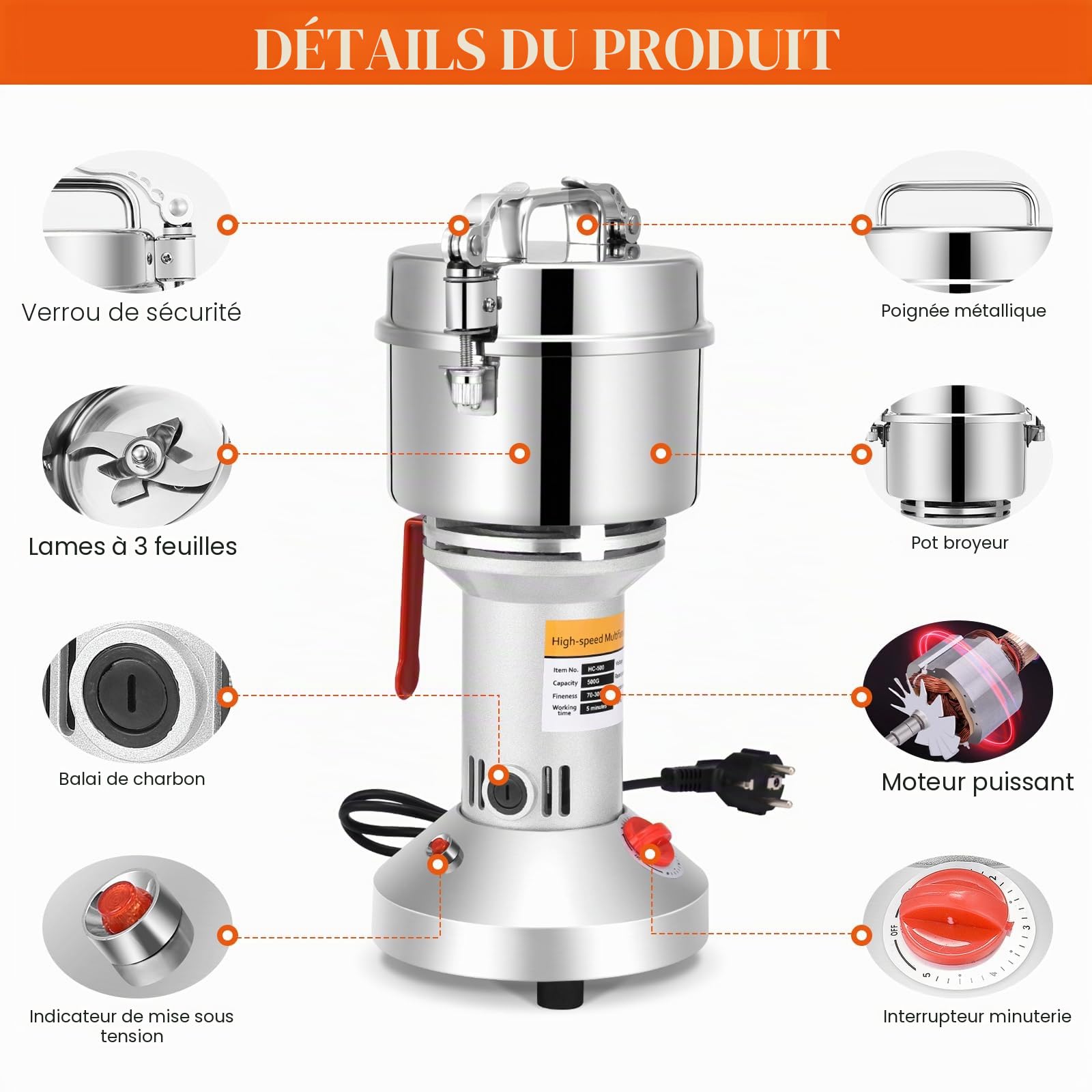 Moulin à Grains Électrique, Aomdom 500 g Grinder Electrique en acier inoxydable moulin cereales à grande vitesse 28000 tr/min Moteur puissant 30 s broyage fin pour grain de cuisine Épice Café Maïs