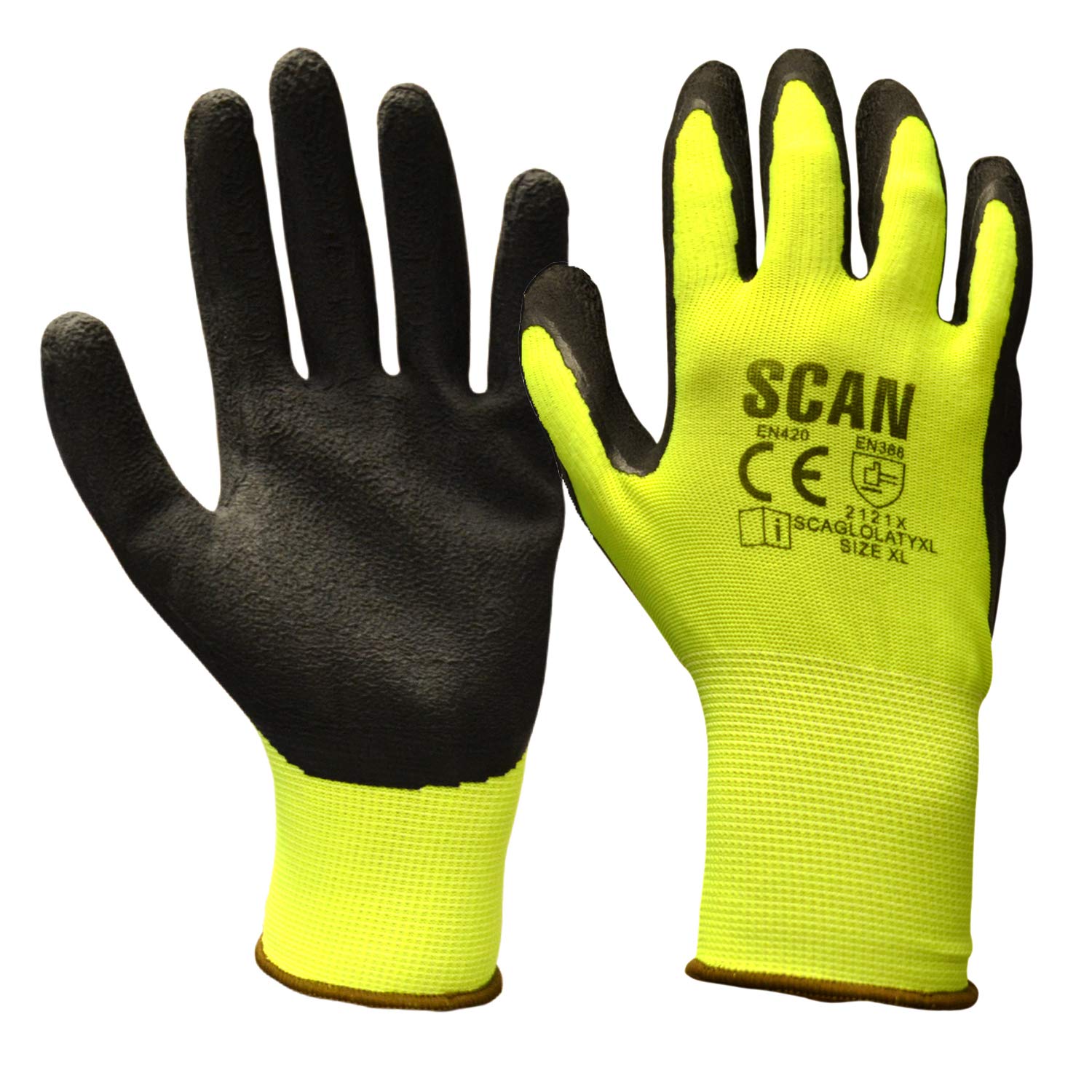 Scan 2ARK49L-26 Hi-Vis Yellow Foam Latex Coated Gloves -XL (Size 10)