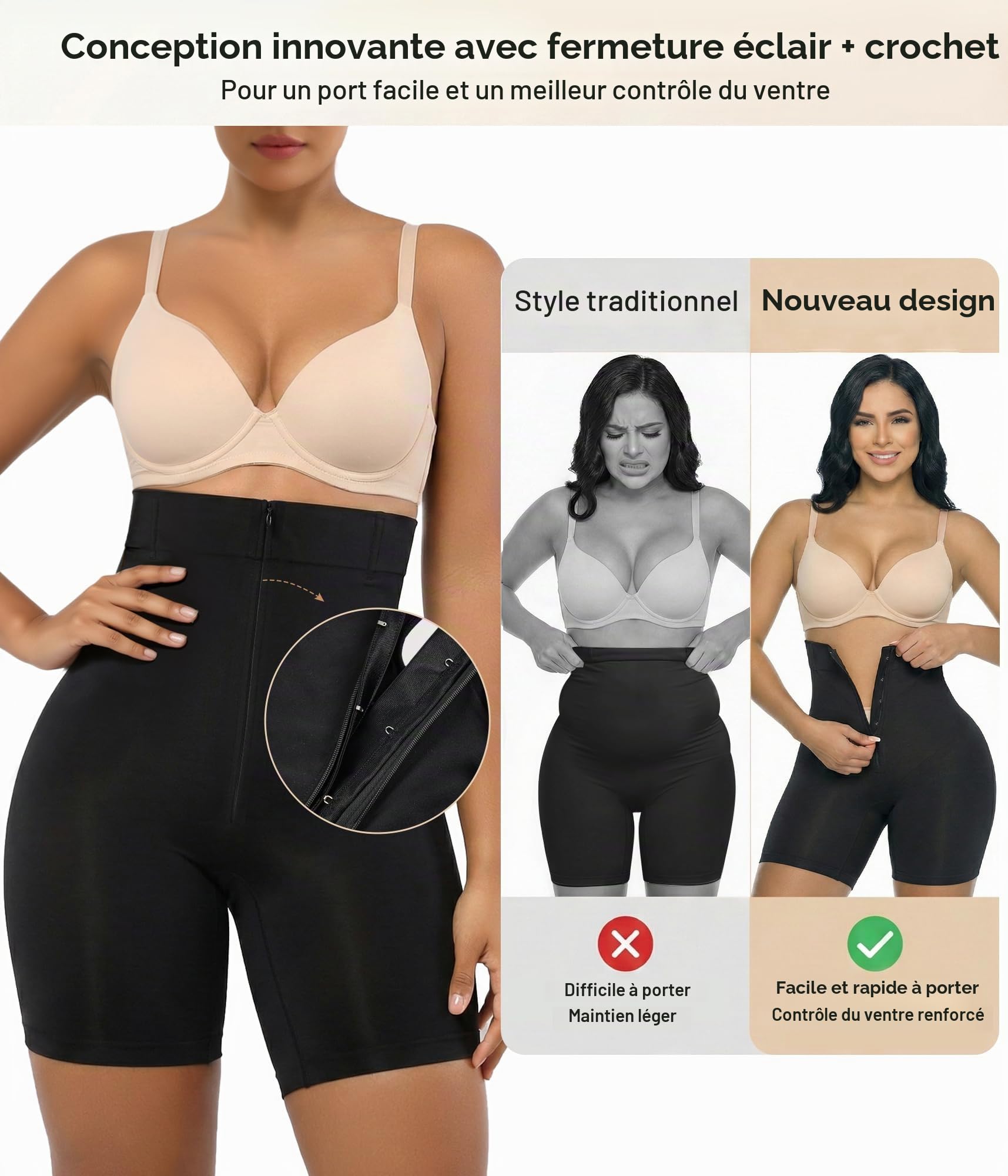 SHAPERX Shorty Gainant Femme Taille Haute avec Fermeture Éclair et Agrafes, Gaine Ventre Plat Sculptante, Invisible sous Robe, Effet Push Up Fesses, Confort Toute la Journée