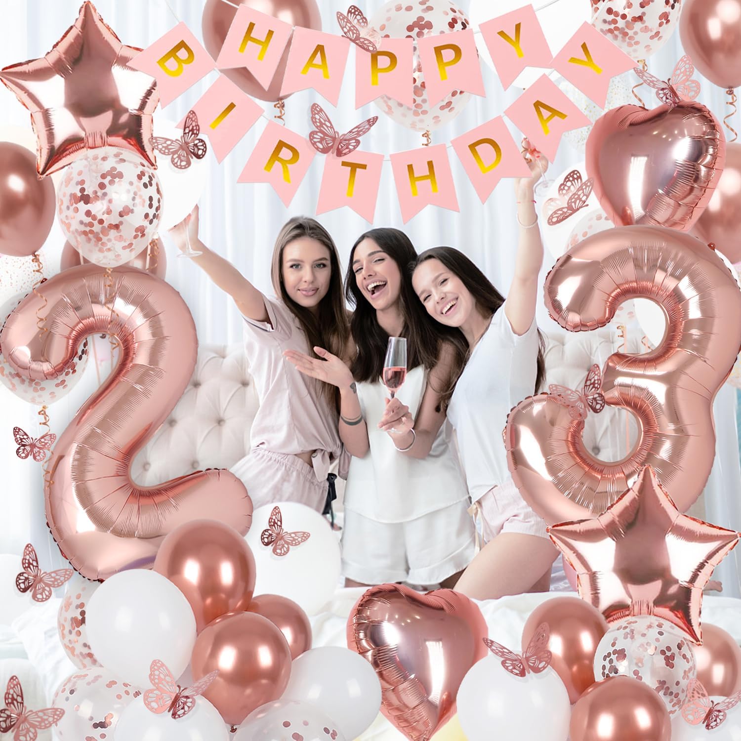 Rose Gold 23th Birthday Decorations for Women, 23 Year Old Sign with Happy Birthday Banner, 40In Number 23 Foil Birthday Balloons, Butterfly Decorations, Heart and Star Balloons - Image 3