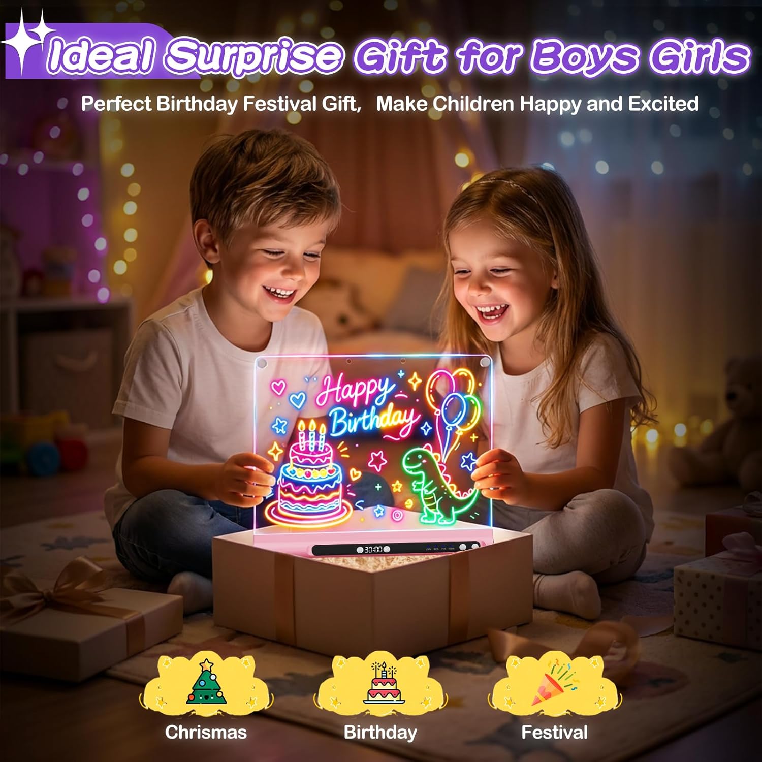 16" Rechargeable Led Drawing Board for Kids, 9-Color Neon Glow Drawing Tablet, Light Up Acrylic Dry Erase Board, Lumiboard Built-in Stand, Gift Toys for Kids/Girls/Grandkids, 6 Markers & Tracing Book