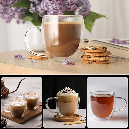 Miniatura 5 de Tazas de vidrio aisladas de 8 onzas, tazas de café de doble pared para té, capuchino, café helado, café con leche, bebidas calientes, aptas para