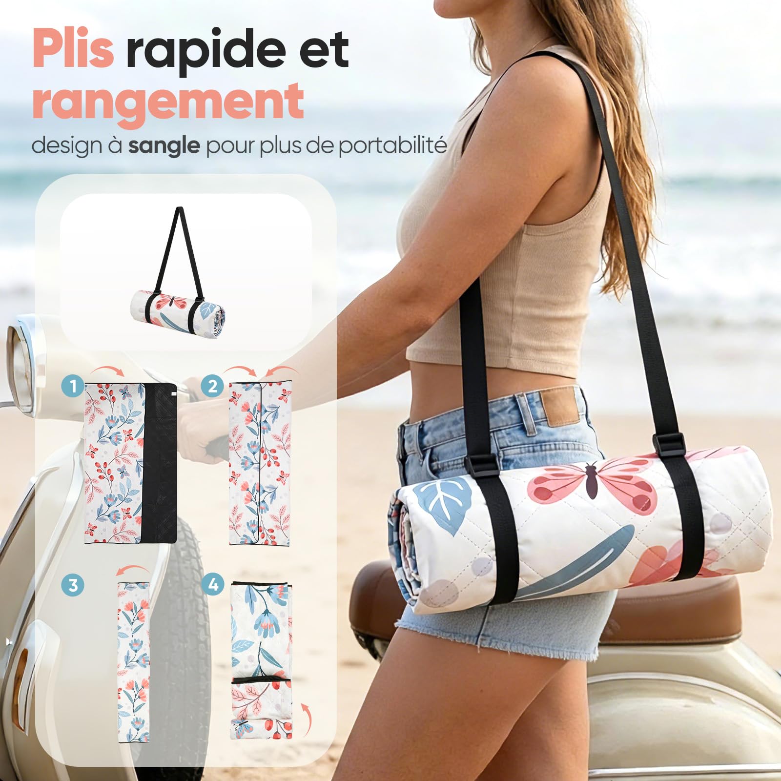 Sekey Couverture de Pique-Nique Grande 200x300 cm Tapis de Pique-Nique Imperméable Antisable Rembourrée Trois Couches Fond PEVA Ceinture de Portage pour Pique-Nique, Camping, Plage
