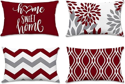 Hexagram Juego de 4 fundas de almohada modernas color burdeos de 12 x 20 pulgadas, fundas decorativas para sofá, sala de estar, funda de cojín de