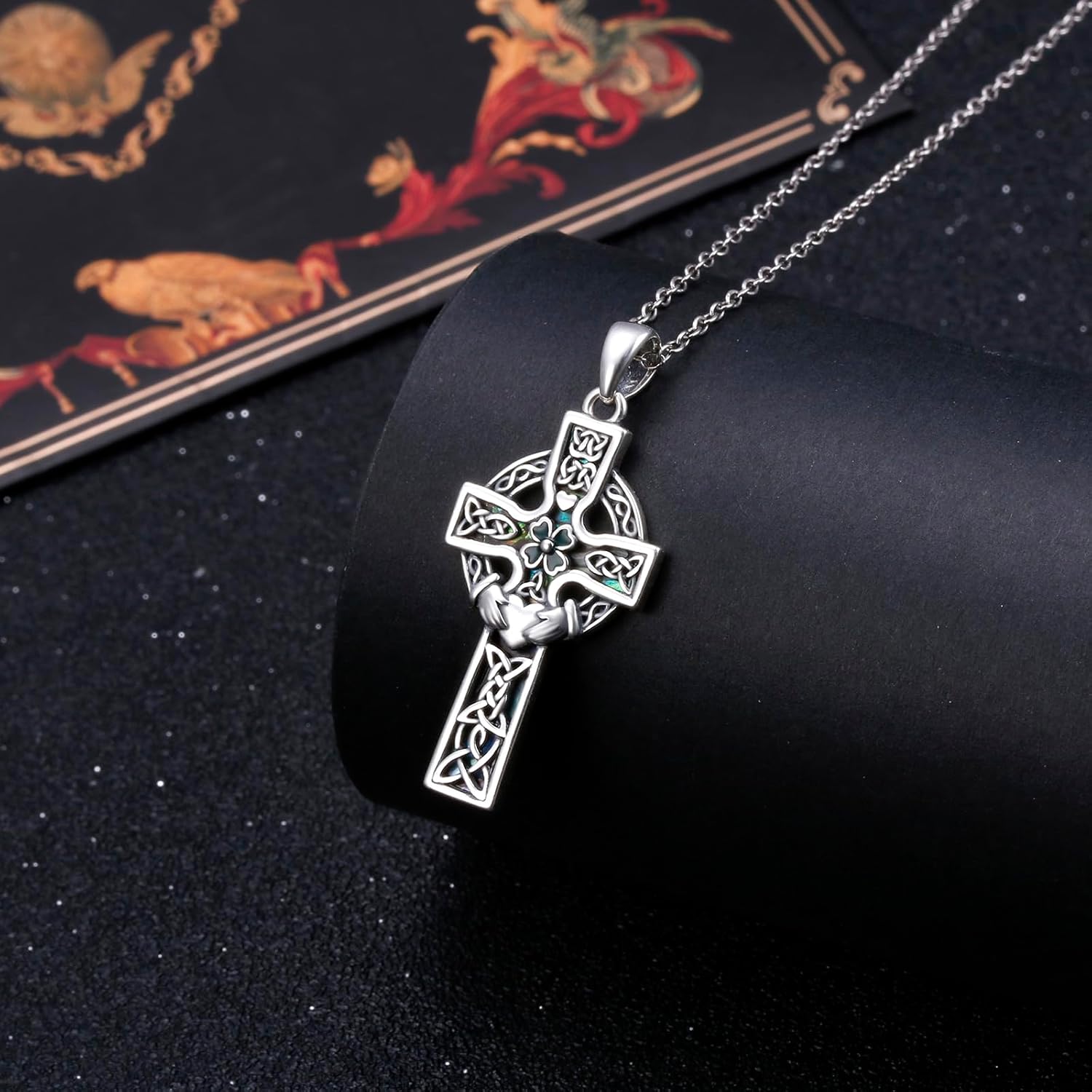 925 Sterling Silver Abalone Shell Celtic Cross Necklace Irish Knot Christian Amulet Pendant Gift for Women Men - Image 2