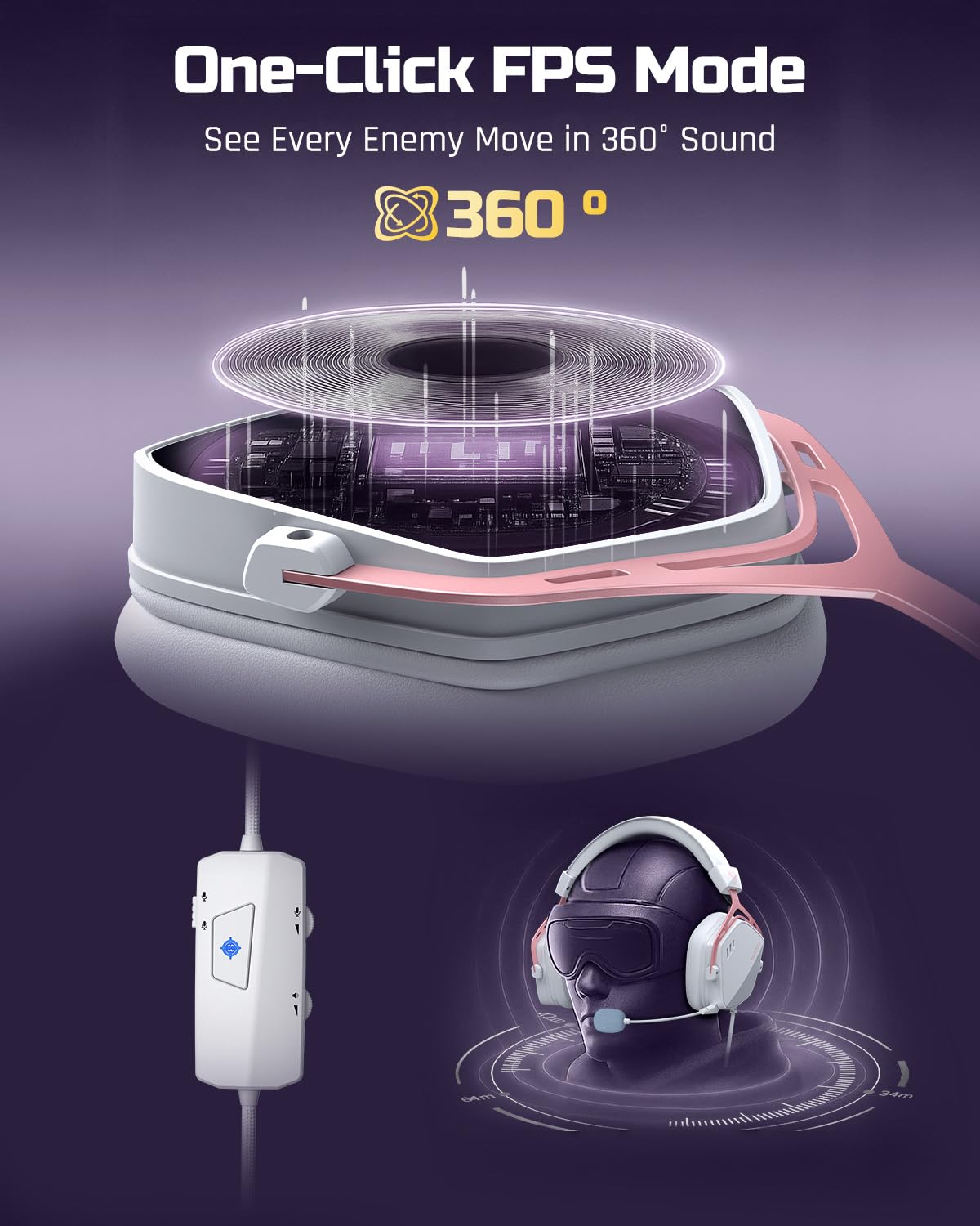 NUBWO HG03 USB-A Gaming Headset con 7.1 Surround e FPS Sound, cuffie cablate con microfono a cancellazione del rumore, design confortevole per PC, laptop, bianco e rosa