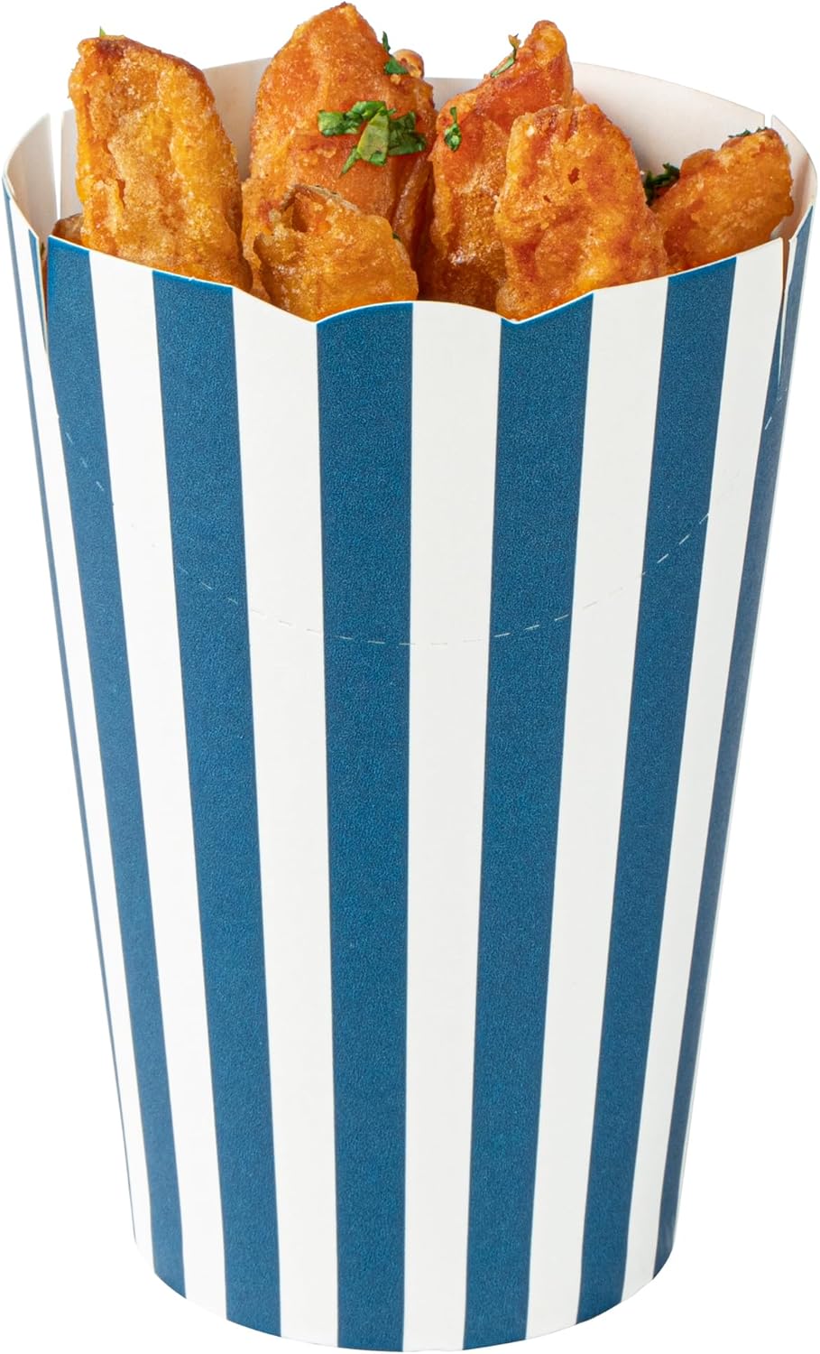 Restaurantware Bio Tek 16 Ounce French Fry Cups 100 Disposable French Fry Holders - With Fold-Down Cover Tab Lock Closure Striped Paper Fry Cups For Onion Rings Chips or Popcorn Stackable