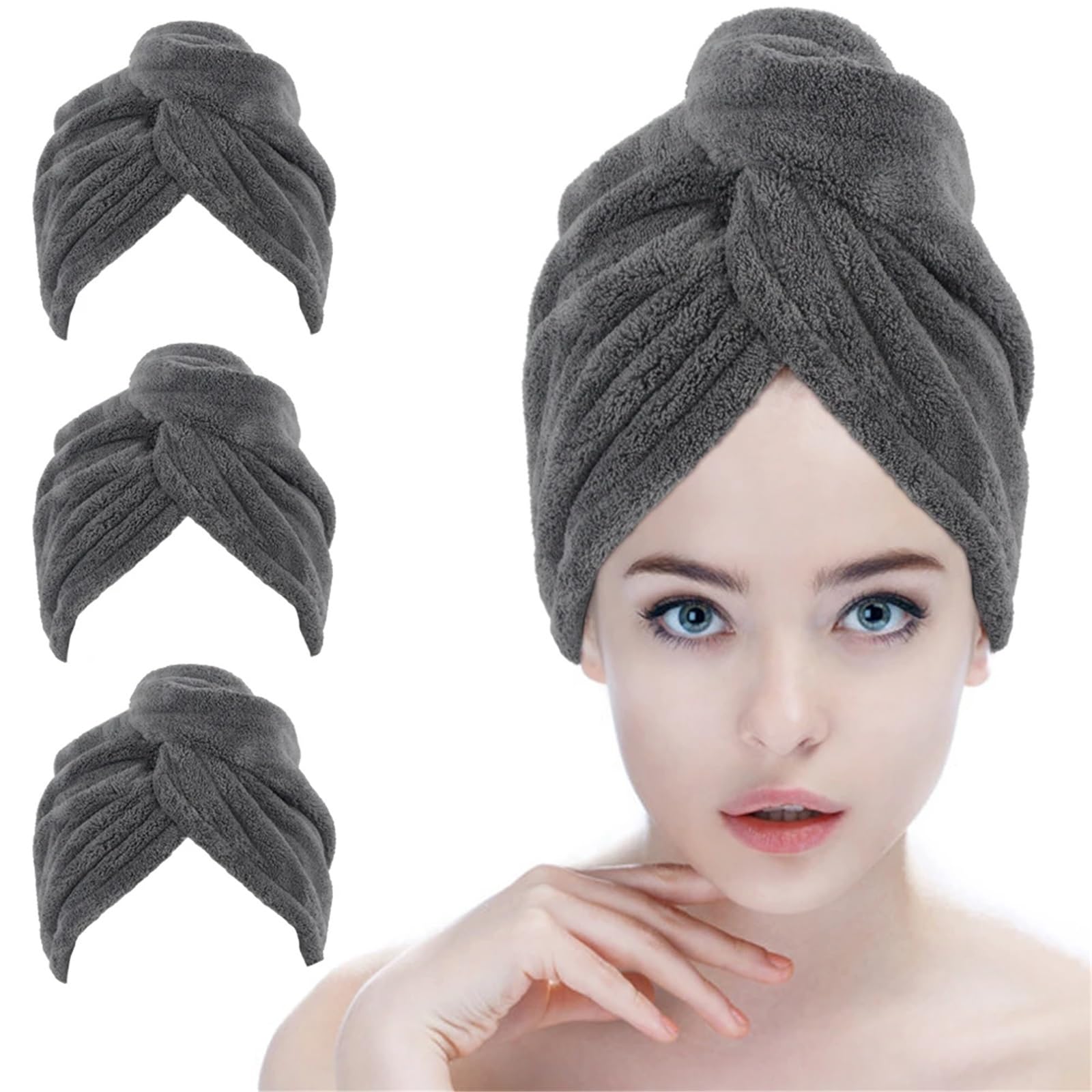 Saugfähige Mikrofaser-Haarturban-Trockentuch-Haarwickelkappe(Grey,3PCS_25CMX65CM)