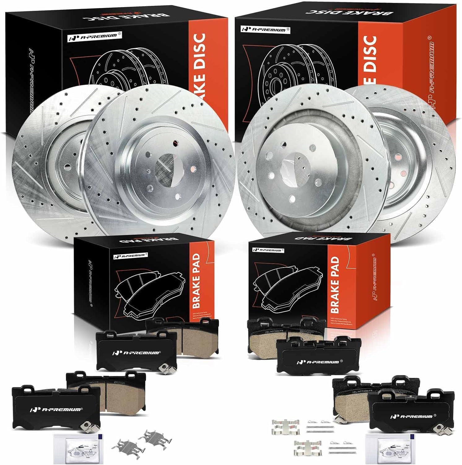 A-Premium Front and Rear Drilled Brake Rotor & Brake Pad Compatible with Select Infiniti and Nissan Models - Q60 2014-2015, G37 2009-2013, 370Z 2009-2019, 12-PC Set