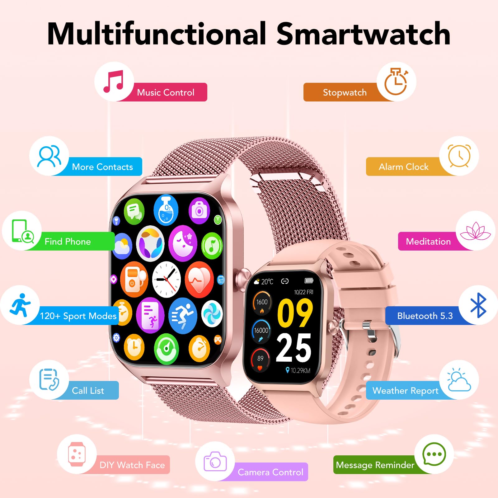 CASCHO Smartwatch Donna, 1.85'' Orologio Smartwatch con Effettua/Risposta Chiamate, 120+ Sportive Smart Watch con Contapassi/Sonno, Fitness Tracker per iOS Android - Oro rosa