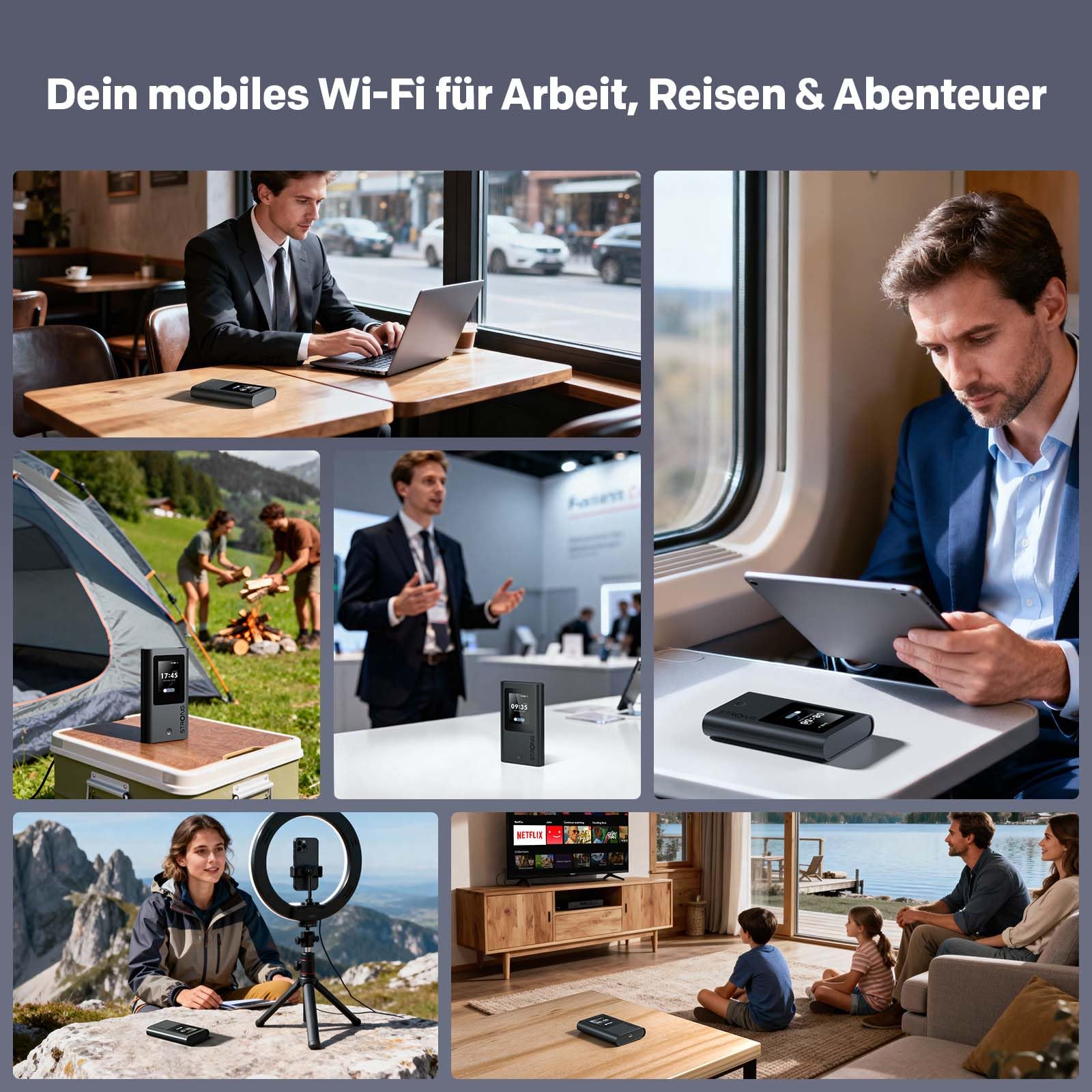 STRONG 5G+ HOPI Mobiler WLAN Router mit 5 GB Daten, Tragbarer Dual Band WLAN 6 AX1800 Router mit eSIM, bis zu 3,4 Gbit/s Downloadspeed, 4500 mAh Akku, USB C Port, Powerbank Funktion, Schwarz