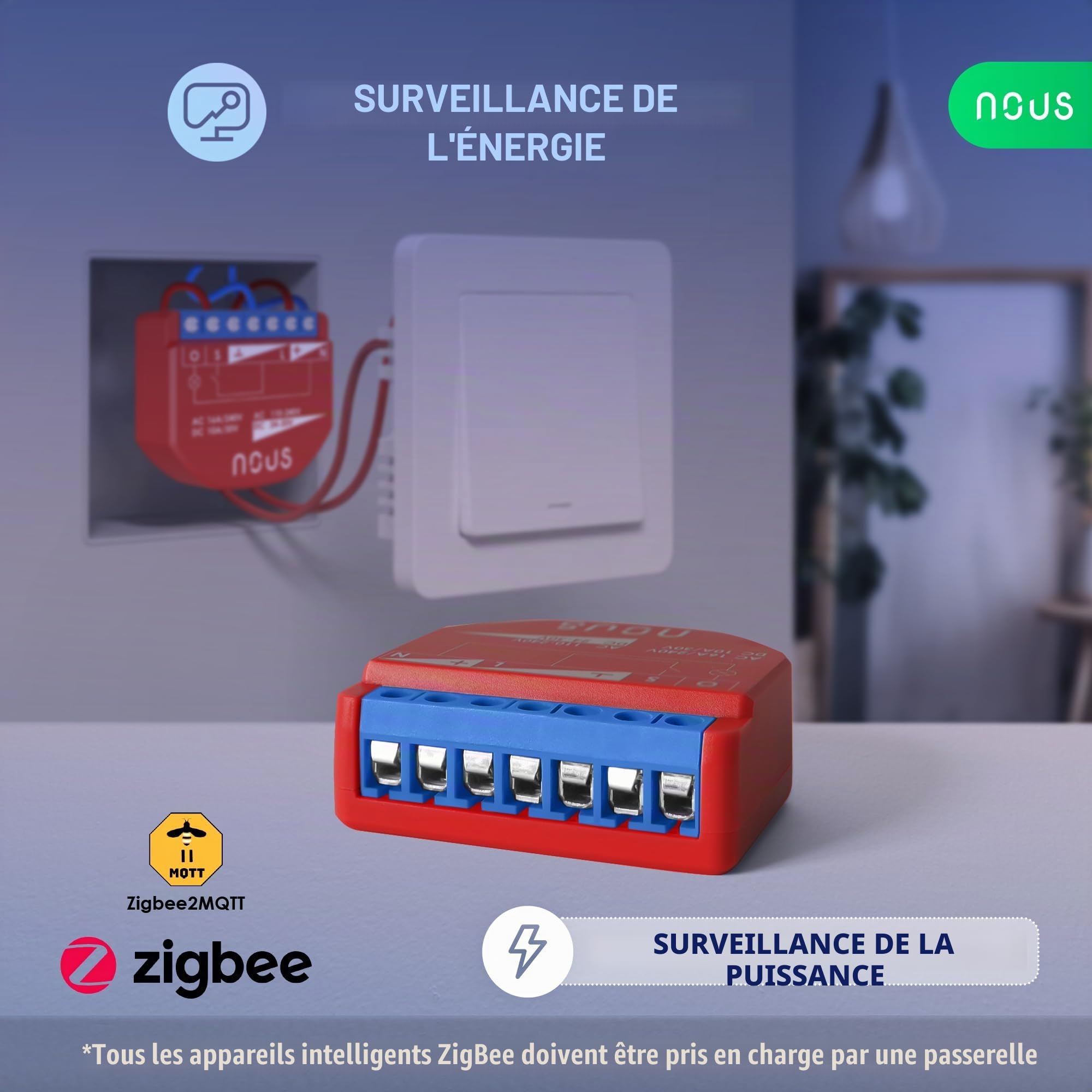 NOUS Module Interrupteur Intelligent ZigBee avec Mesure de Puissance, 1 Canal, AC 16A/DC 10A, 3.0 Hub Requis, Compatible avec Alexa, Zigbee2MQTT, Google Assistant, Home Assistant, Tuya