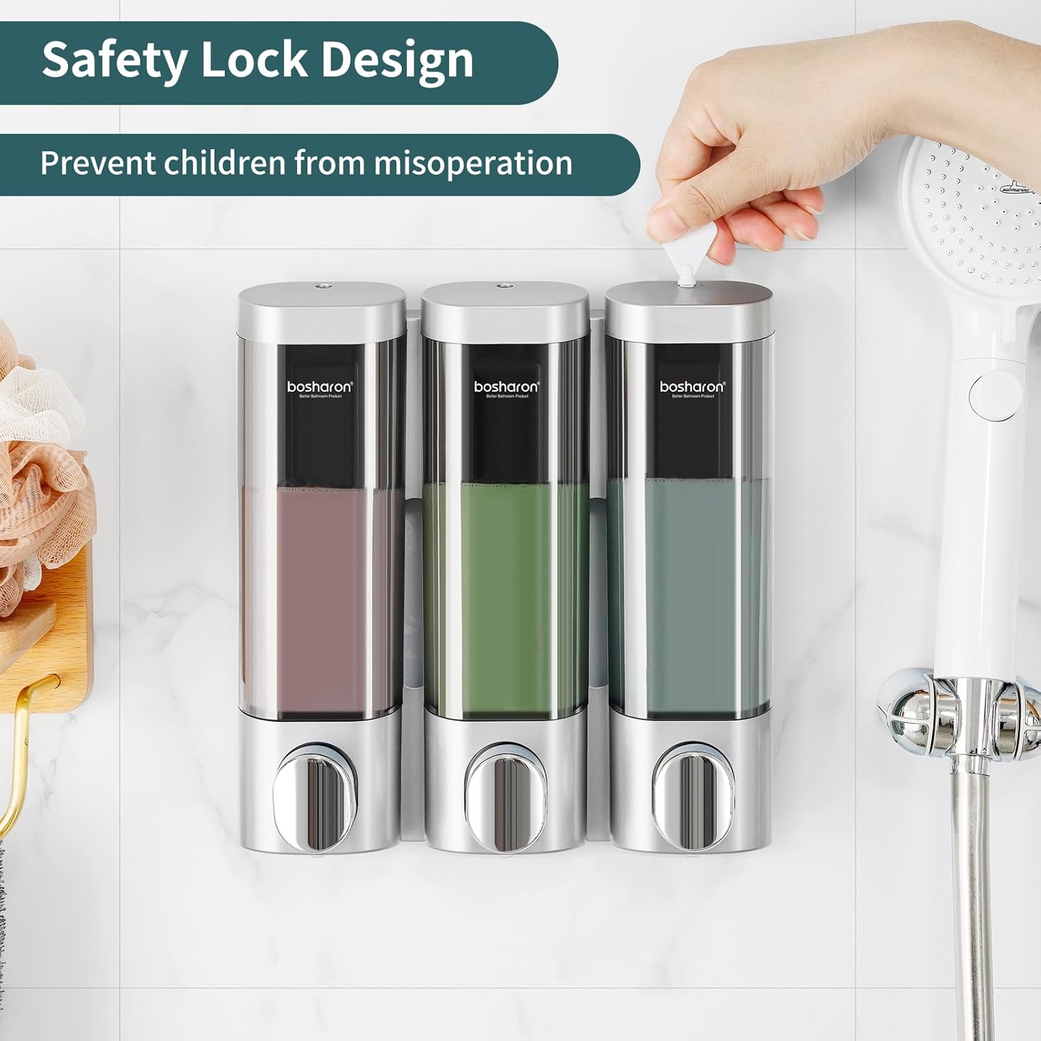 3 in 1 Wall Mounted Shower Dispenser, 3 x 10 oz Shampoo Body Wash Conditioner Pump Dispenser, No Drill for Bathroom & Kitchen