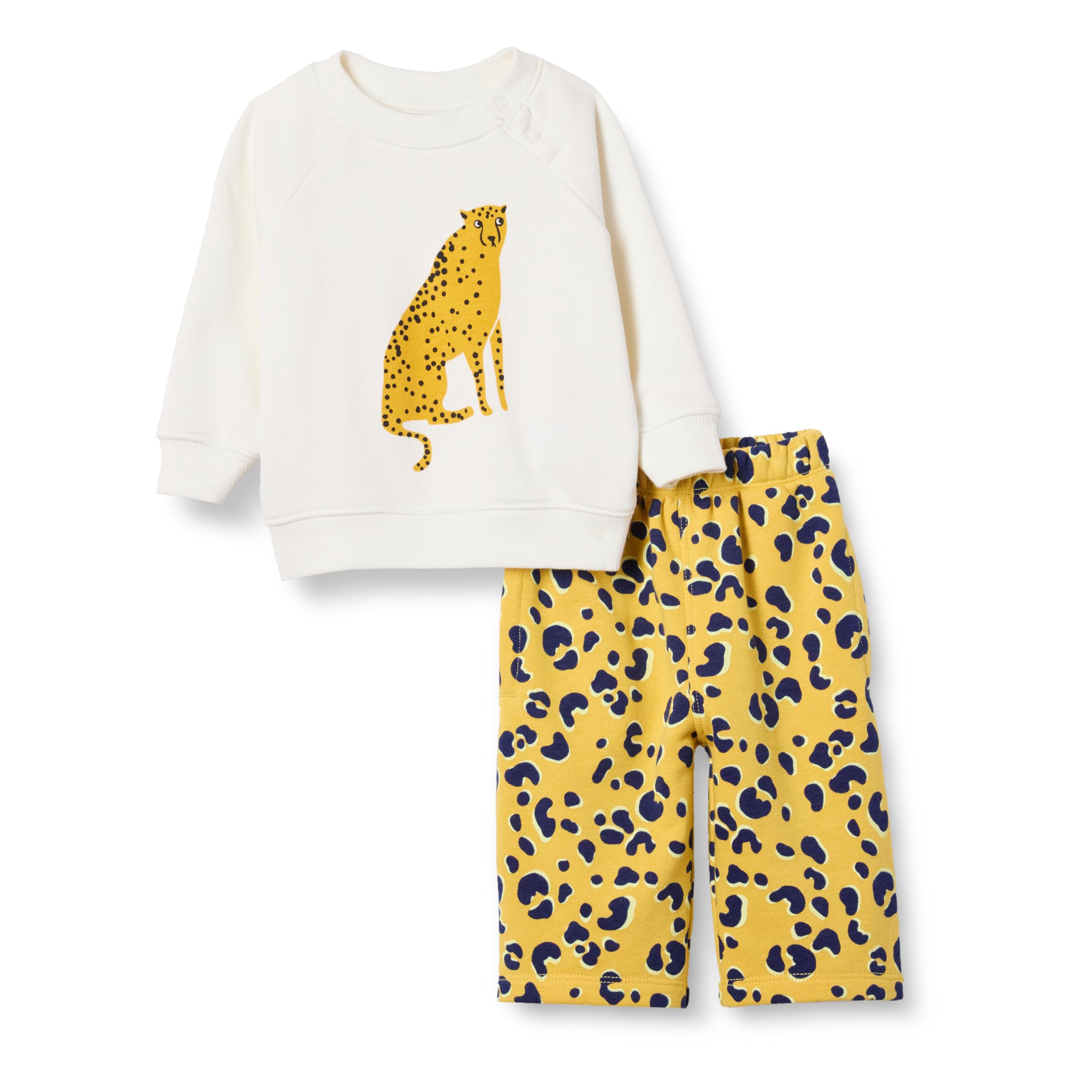 Amazon Essentials Unisex Babies' French Terry Sweatshirt and Sweatpants Set, Pack of 2, Cheetah Graphic/Animal, 0-3 Months