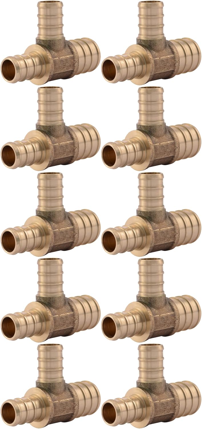 SharkBite 3/4 Inch x 1/2 Inch x 1/2 Inch Crimp Reducing Tee, Pack of 10, Brass Plumbing Fitting, PEX Pipe, PE-RT, UC454LFA10