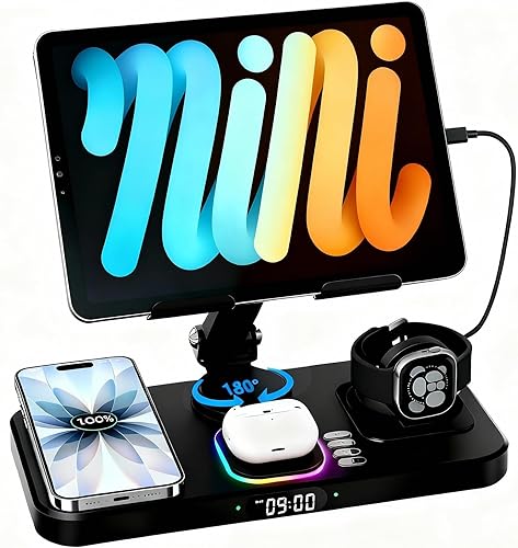 Estación de carga de 30 W para productos Apple, cargador inalámbrico plegable con pantalla de reloj y luz de 7 colores, carga con cable para