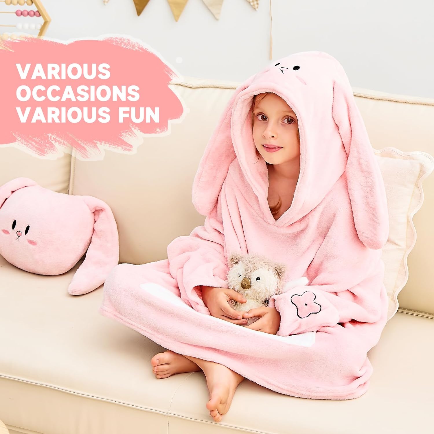 IFNOW Wearable Blanket Hoodie Kids, Oversized Fleece Blanket Sweatshirt Christmas Birthday Gifts for Boys, Girls, Teen Hoodie with Portable Foldable Blanket Pillow, Animal Embroidery 5-15 Years Rabbit - Image 2