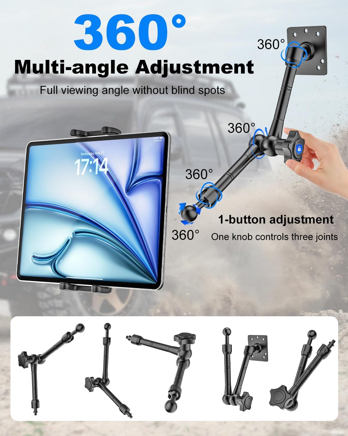 Metal Drill Base Tablet Car Mount for Truck, Vehicle, Wall, Boat, Desktop, Dashboard with 360° Adjustable Long Arm, Compatible with 4-13" iPad Pro/Air/Mini/Galaxy Tab, Cell Phone