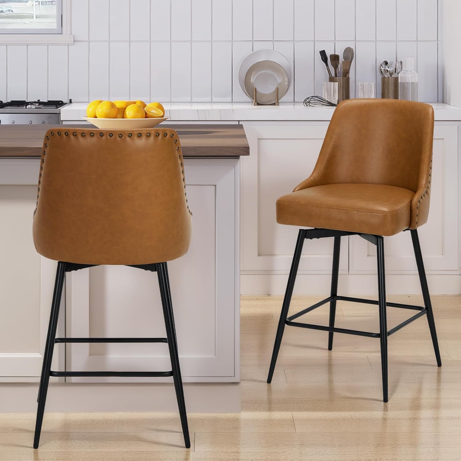 COLAMY Bar Stools Set of 2, 26" Swivel Counter Height Chairs with Back,Thick Padded Seat & Footrest,Modern Faux Leather Barstool for Kitchen Island,Dining Room,Pub,Brown