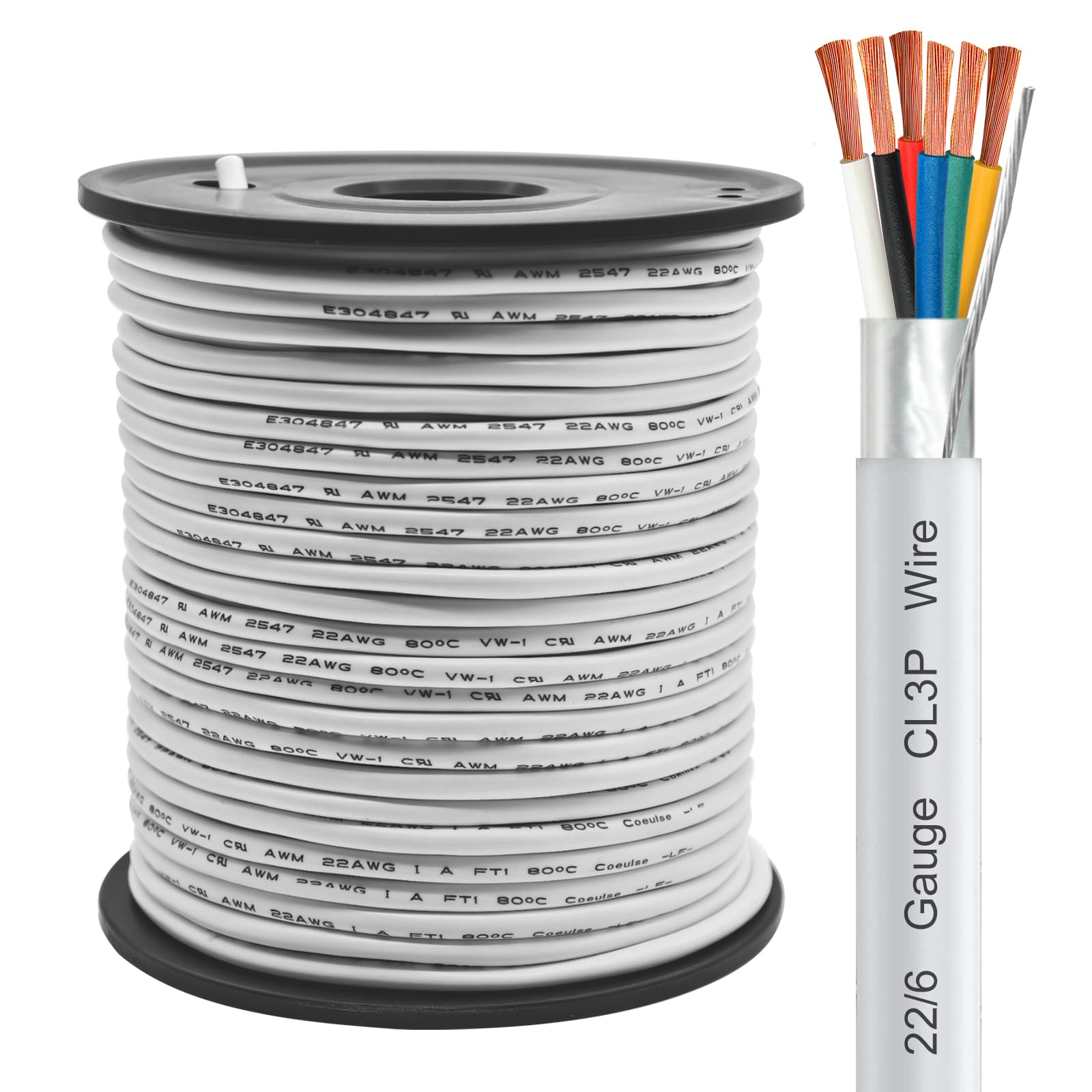 22/6 Shielded Wire 100FT CL3P Jacket Pure Copper Wire, Spool 22 Gauge 6 Conductor Stranded Plenum Cable for Security Alarm Access Control Sound