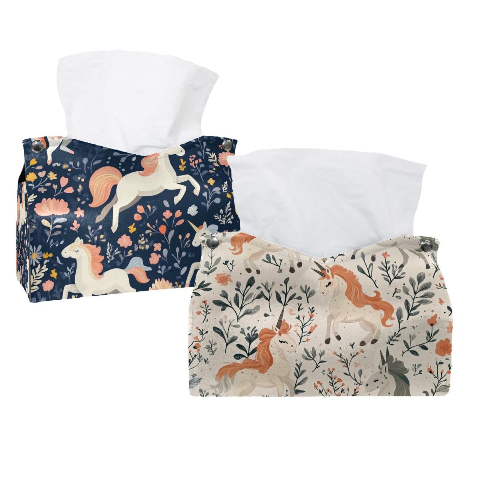 Lot de 2 boîtes à mouchoirs licornes et fleurs pour tables de nuit et salons