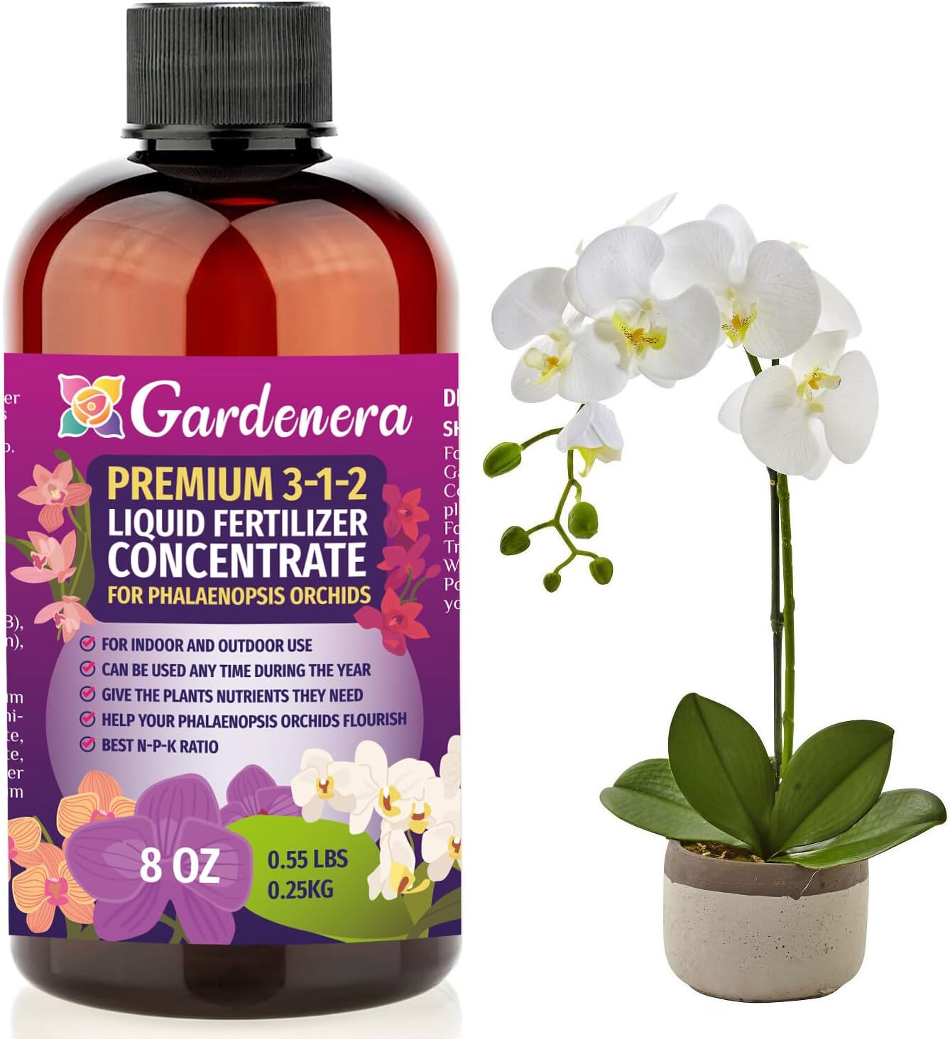 Premium Liquid PHALAENOPSIS Orchid Plant Fertilizer - 3-1-2 Concentrate for Indoor Plants and Flowers by Gardenera | Organic Plant Food for Pothos Plants - 8oz