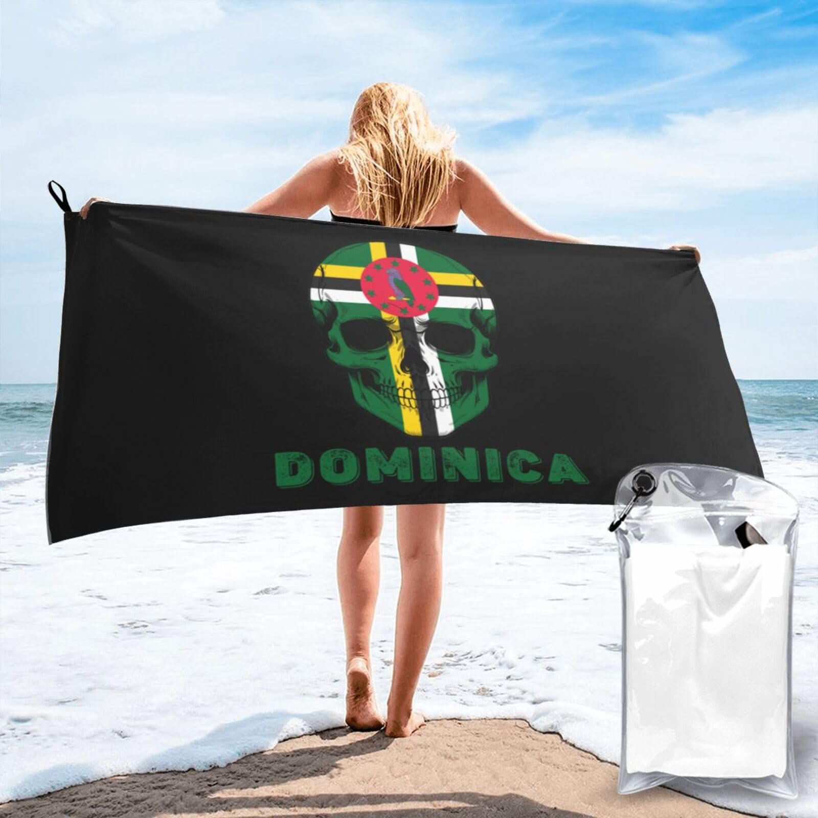HACXZ Skull Dominica Flag Lightweight Absorbent Beach Towel Microfiber Beach Towel 31.5"X63"