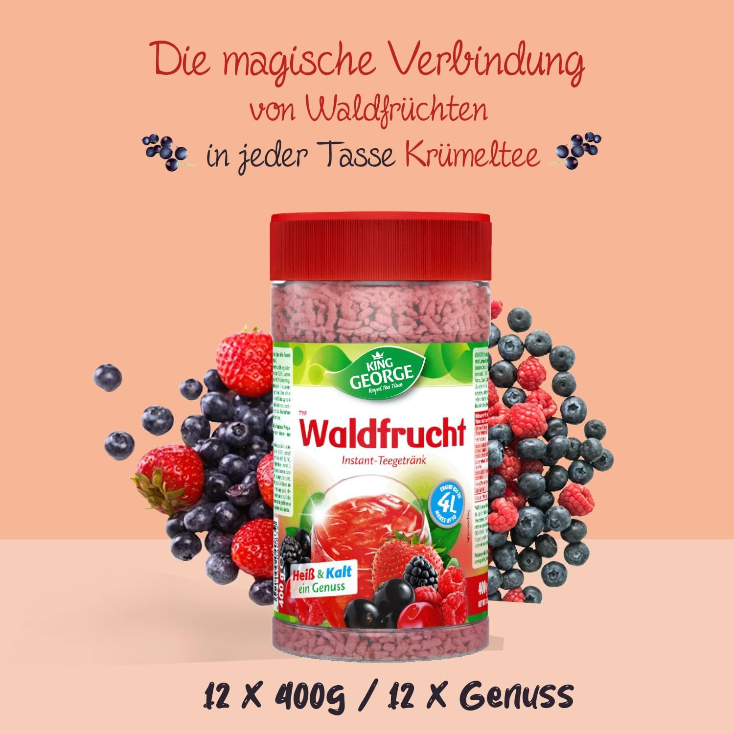 KING GEORGE - Waldfrucht napój herbaciany Instant 12 x 400 g, napój herbaciany z witaminą C – herbata na okruchy – napój w proszku, napój orzeźwiający i gasi pragnienie na lato