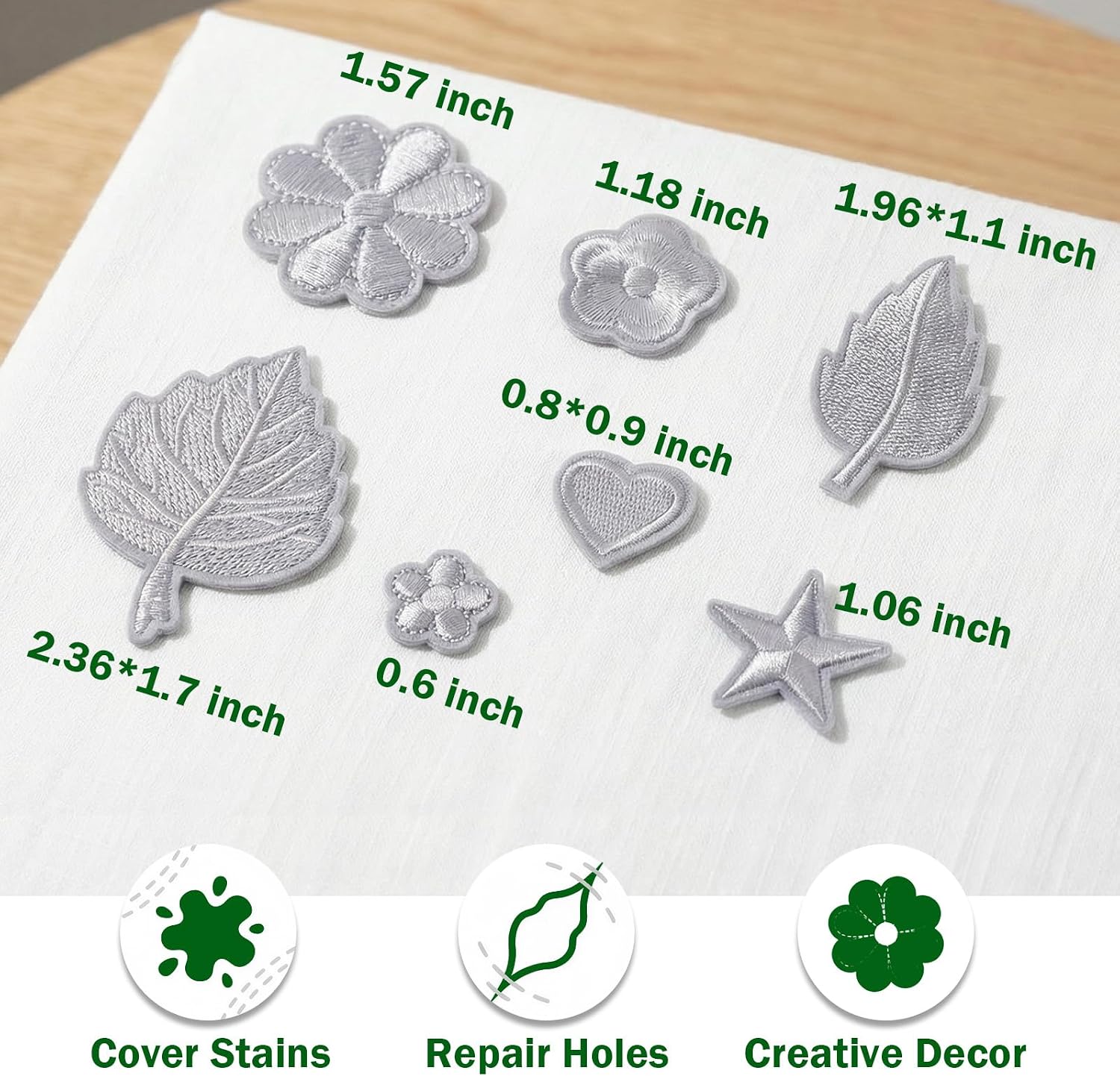 14 Pcs Self Adhesive Embroidery Patches, Fabric Repair Stickers | Peel and stick 3D applique patches for fabric repair on down jackets, puffer coats, jeans, hats, bags, sofas, furniture.