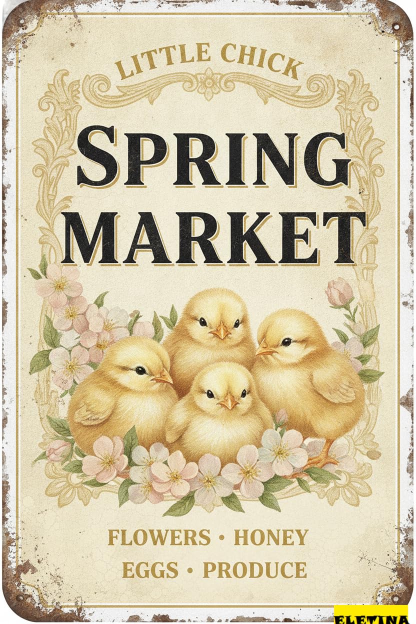 Little Chick Spring Market Tin Sign, 8x12 Inch Decor