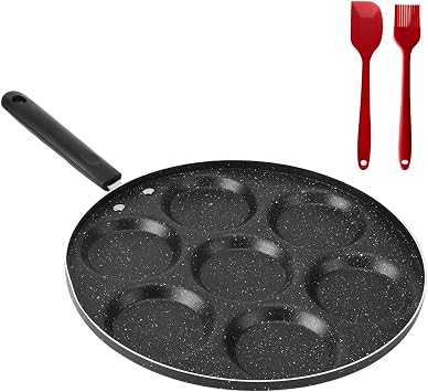 7 Holes Egg Frying Pan Skillet, 12" Nonstick Egg Pan Aluminum Omelet Maker with Spatula & Brush for Breakfast, Pancake, Hamburger, Sandwiches, Crepe