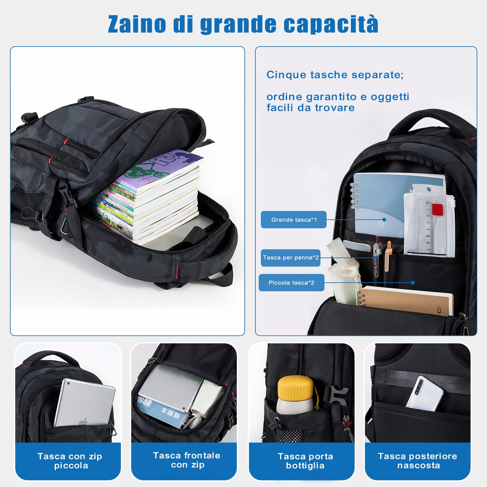Zaino Scuola Media Superiore Ragazzo, Zaino Uomo Grande 17 Pollici Laptop, Zaini per PC portatili Impermeabile, Zainetti per Bambini Casual Borsa per Scuola Università Viaggio, 10 -22 Anni, 50cm