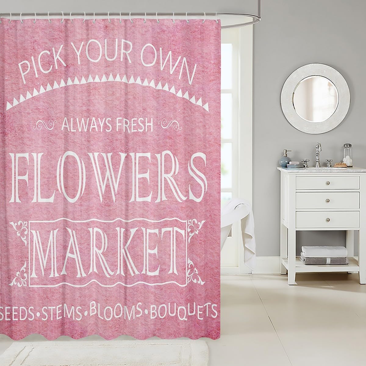 Pink Spring Shower Curtain,Nature Garden Blooming Flowers Bath Curtain,Nature Floral Romantic Natural Home Bathroom Decor Polyester Fabric Waterproof 72 x 84 Inches