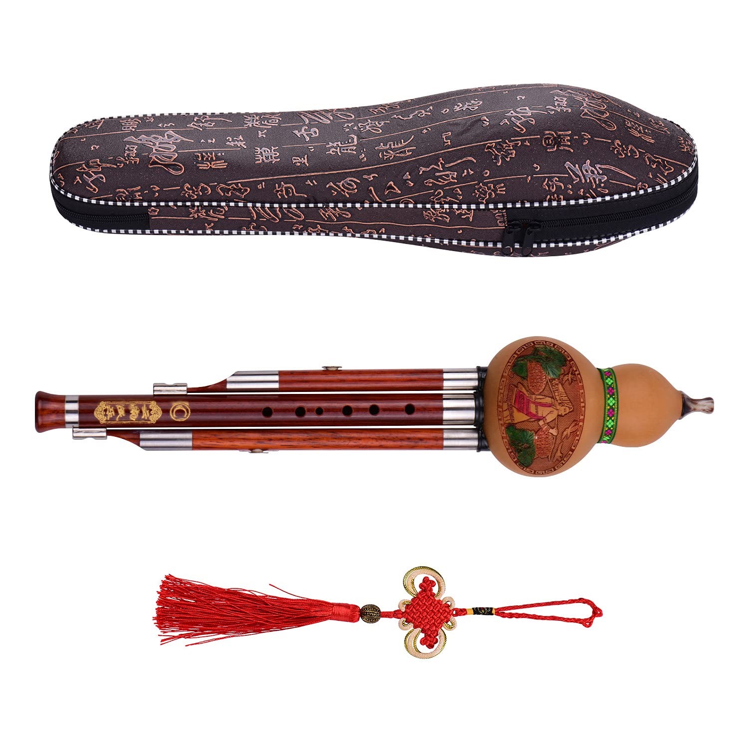Hulusi C Key, 3 Tone C-Key Hulusi Gourd Cucurbit Flauta Tubos de Madera Maciza Instrumento Tradicional Chino con Estuche de Transporte de Nudo Chino para Principiantes Aficionados Musicales