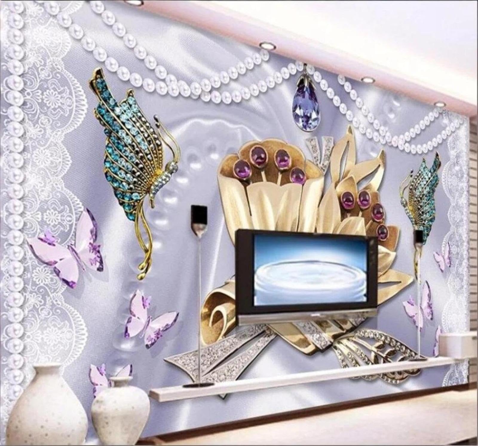 Crystal Pearls Roses Butterflies Romance 3D Wallpaper Easy Install Feature Office Living Room Sofa Bedroom TV Background Wall Decoration-250cm×170cm