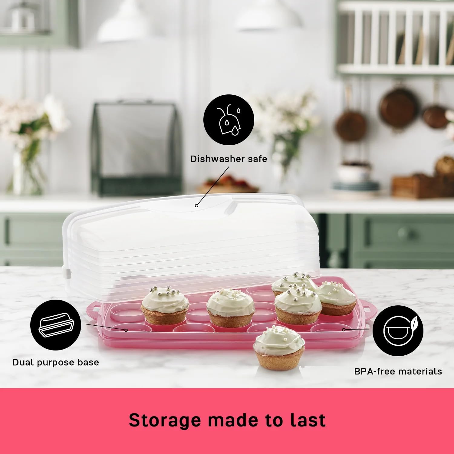 9'' x 13'' Plastic Rectangular Cake & Cupcake Carrier, Reversible Tray Holds 18 Cupcakes, Secure Lock & Dishwasher Safe Food Transport Container for Parties & Potlucks