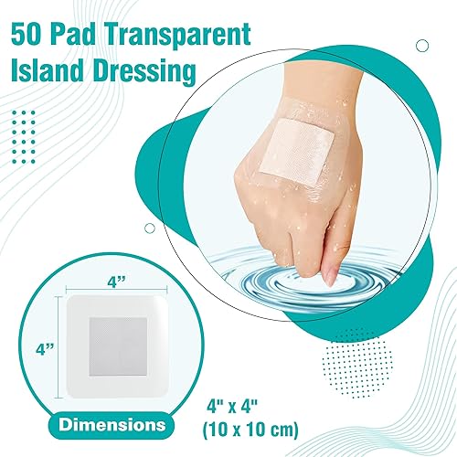 Miniatura 2 de General Medi Apósito adhesivo transparente impermeable para isla (50 unidades, 4 x 4 pulgadas), almohadilla para el cuidado de heridas con borde