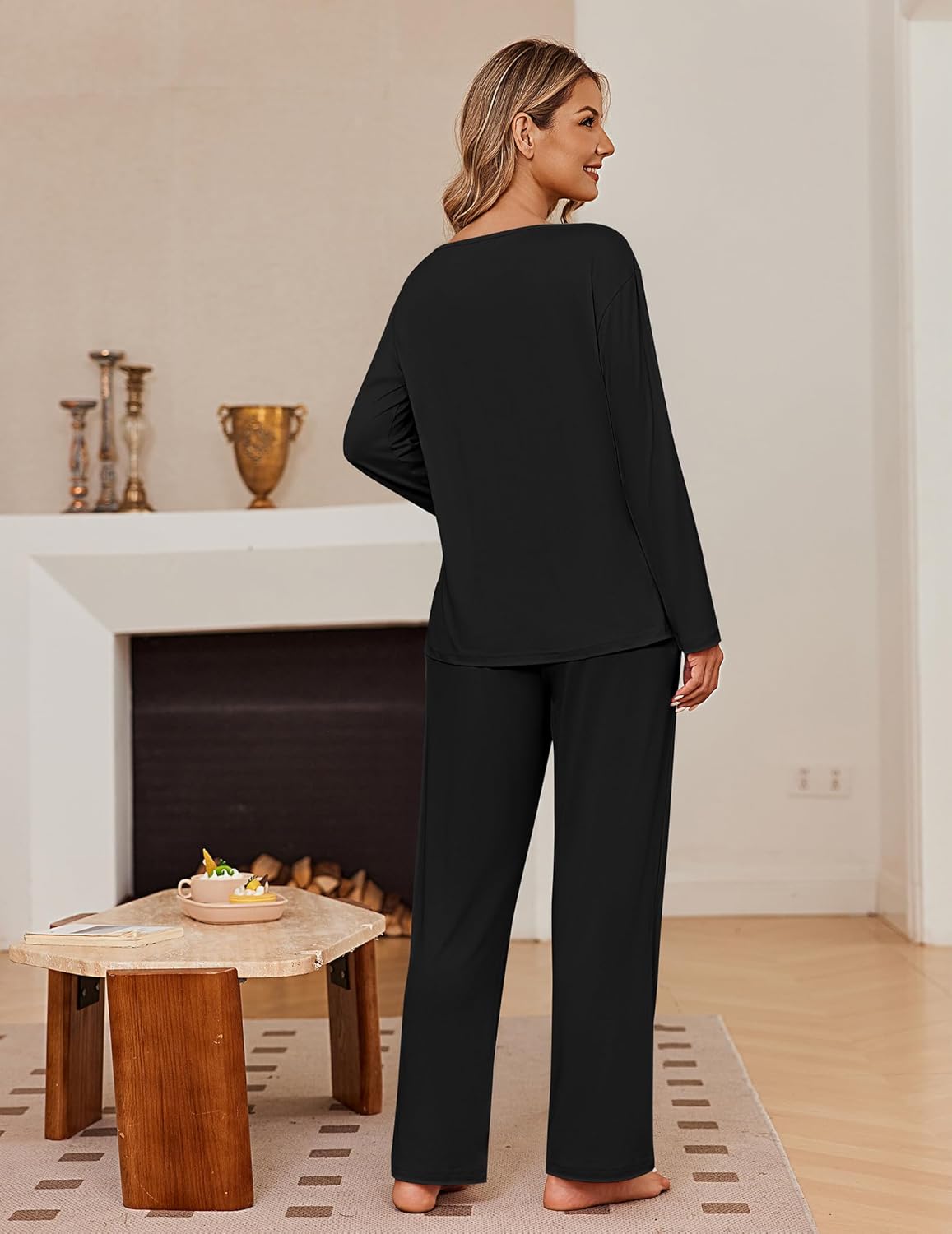 Ekouaer Womens Pajama Sets Fall Long Sleeve Pajamas for Women Trendy Pleated Pjs Sets Comfy 2 Piece Lounge Set with Pockets - Image 6