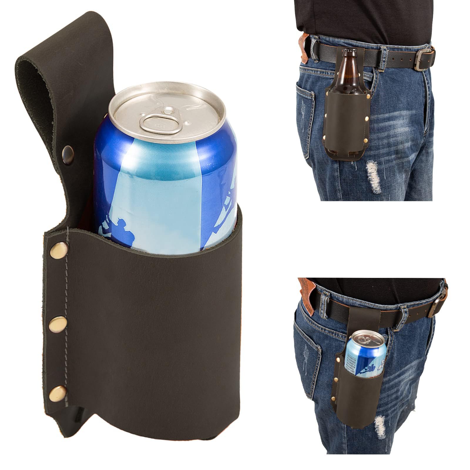 Beer Holder,Leather Beer Holster Bottle Holders,Beer Belt Holder Beer Gifts for Men,BBQ/Grilling Gifts for Travel Camping Party Outdoor,Cool Beer