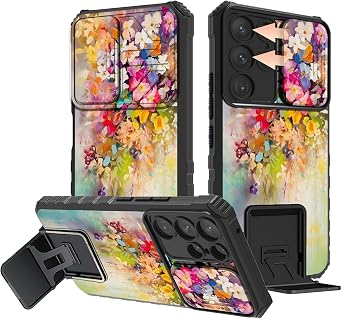 for Samsung Galaxy S22 Ultra Phone Case with Slide Camera Cover & Kickstand Dual Layer Hybrid Soft TPU Hard PC Shockproof Protective Case for Samsung S22 Ultra 5G 2022 6.8 inch,Art Watercolor Flowers