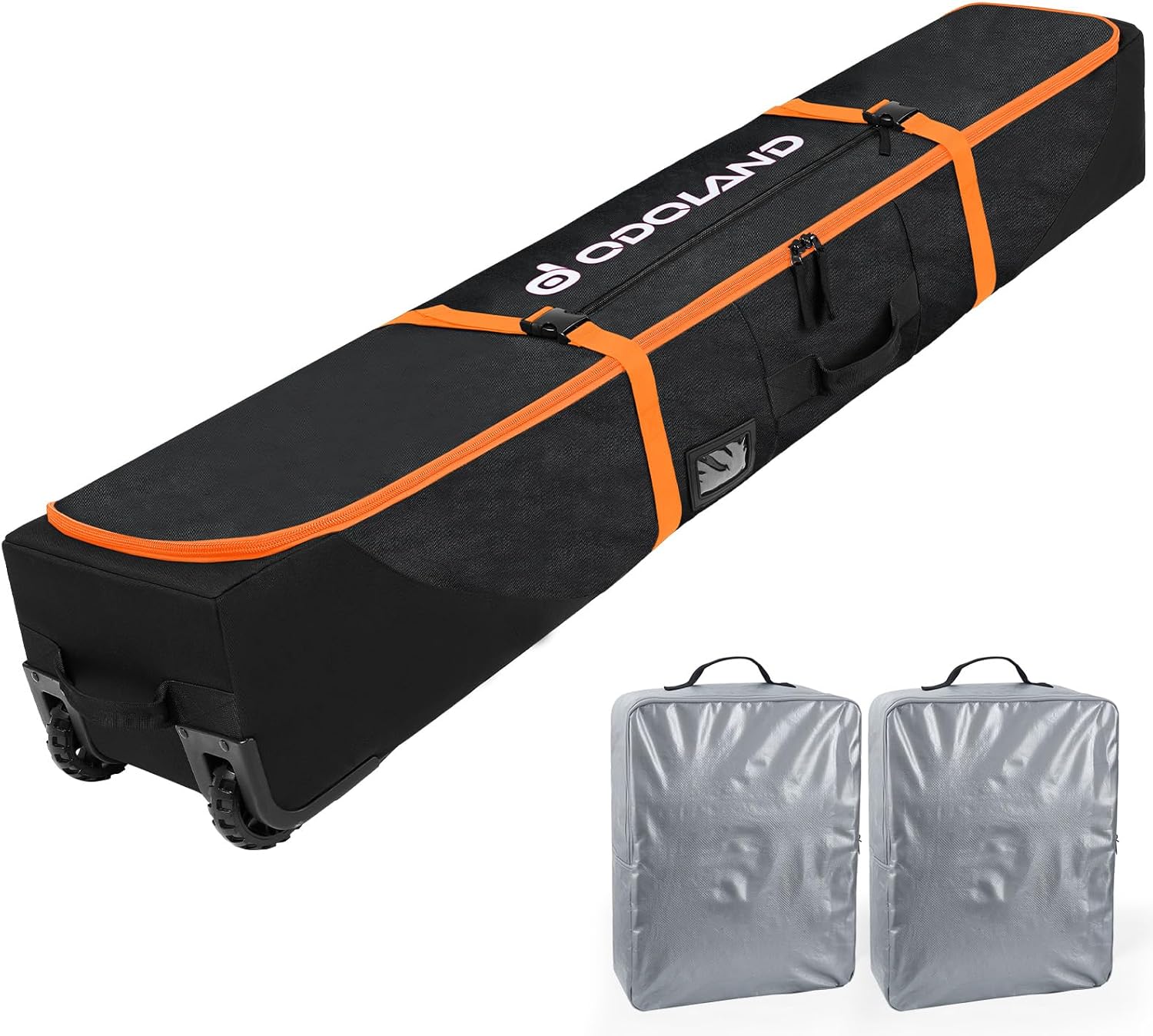 Odoland Rolling Ski Bag with Wheels - Padded Waterproof 900D Oxford, Fits 170-190cm Skis/Snowboards, 2 Extra Dry Bags for Air Travel