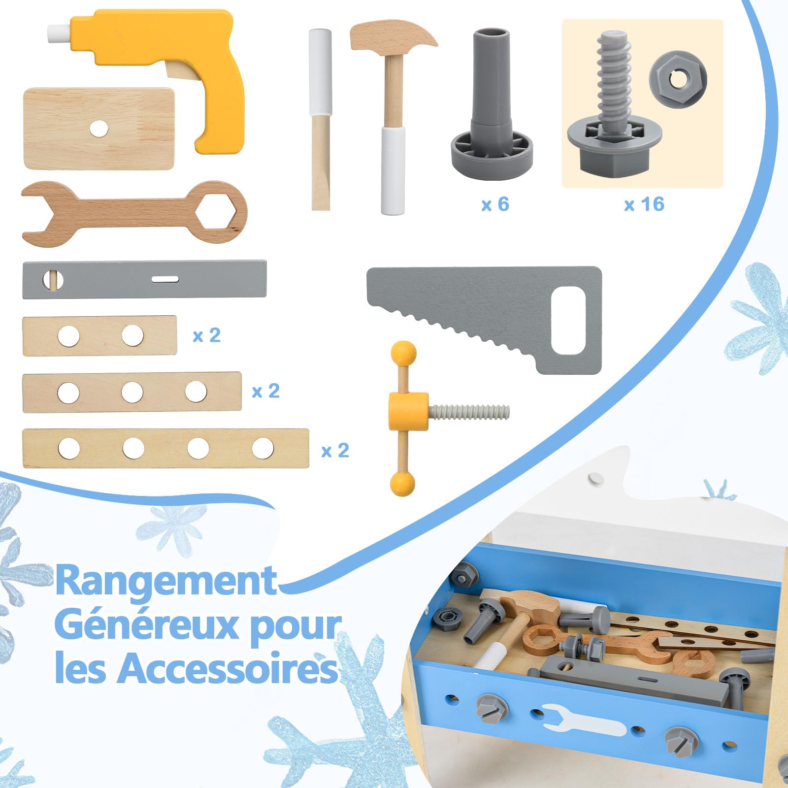 COSTWAY Jouets d'établi à Outils en Bois Enfant avec 8 Outils & 28 Accessoires, Jouet Bricolage Enfants avec Tableau Noir & Étagère Inférieure, Jeu Établi du Bricoleur pour Enfant de 3 Ans+