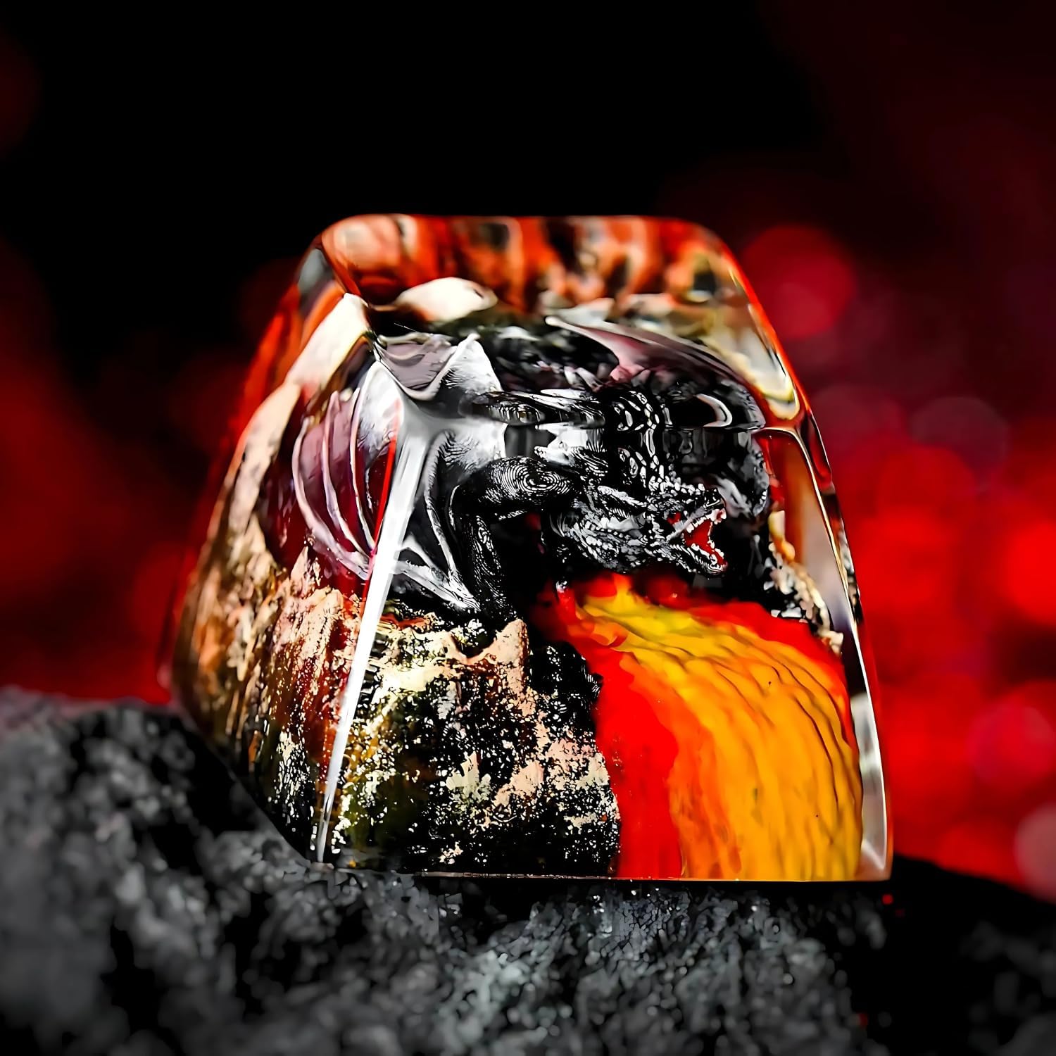 Fantasy Black Dragon in Volcano Artisan Keycap R1 SA Profile Custom Cool Dragon Keycaps 1U ESC Handmade Gaming Resin Key Cap Cherry MX Switch Compatible Mechanical Keyboard Dragon Lover Gift