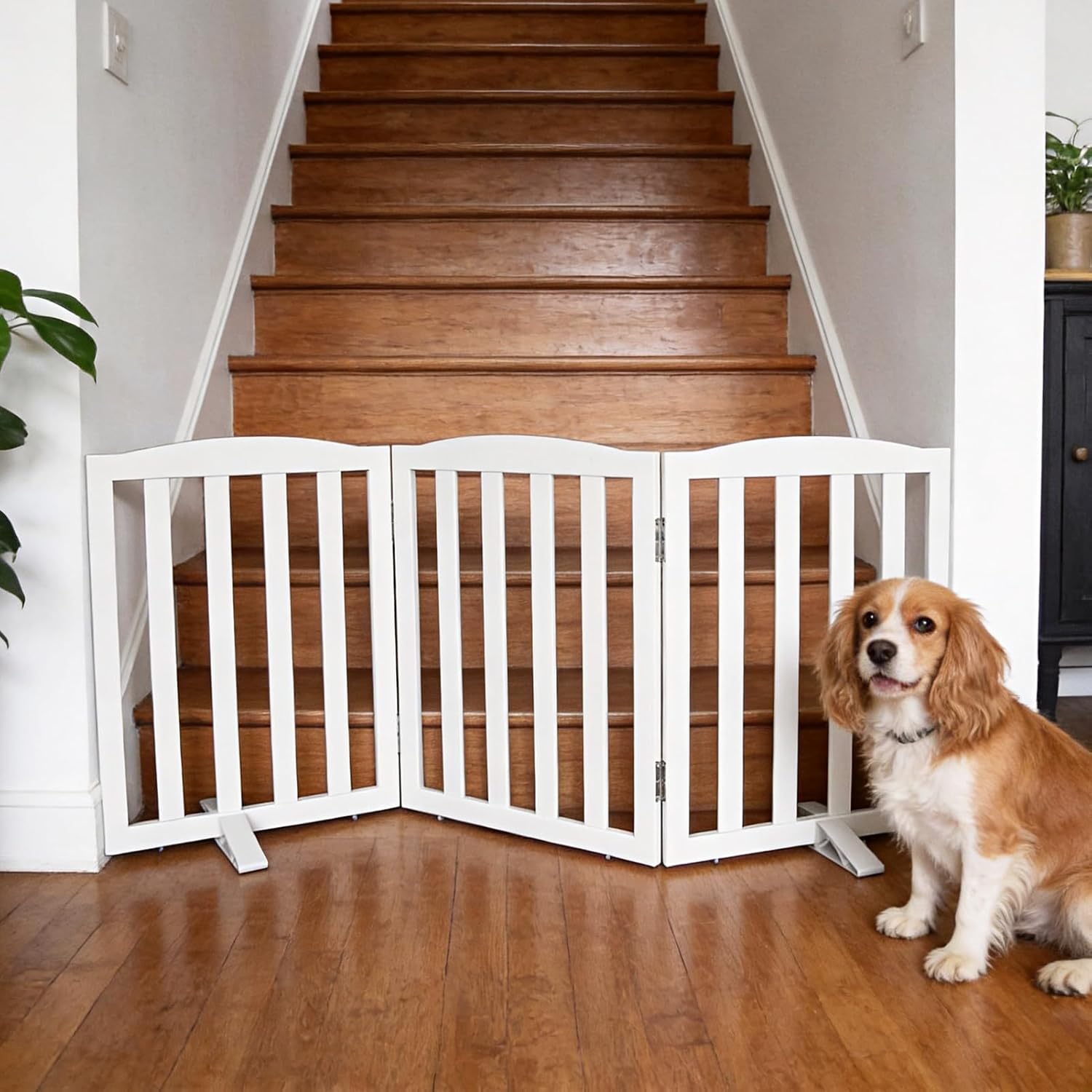 Freestanding Dog Gate Indoor,Doggie Gate Foldable Dog Gates for Doorways,Stairs or Hallways, Wooden White Pet Gate for The House, Pet Fence with Support Feet Included,24 Height-3 Panels